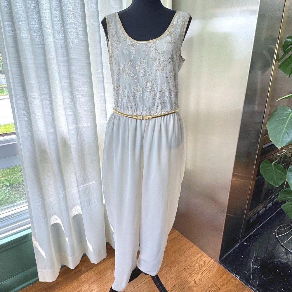 Vintage 80s jumpsuit, off-white, gold metallic lace, elastic waist & golden belt